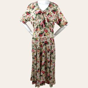 Vintage 1990s Floral Garden Roses Dress Rayon Tie Front Back Bow Cottage Core 12